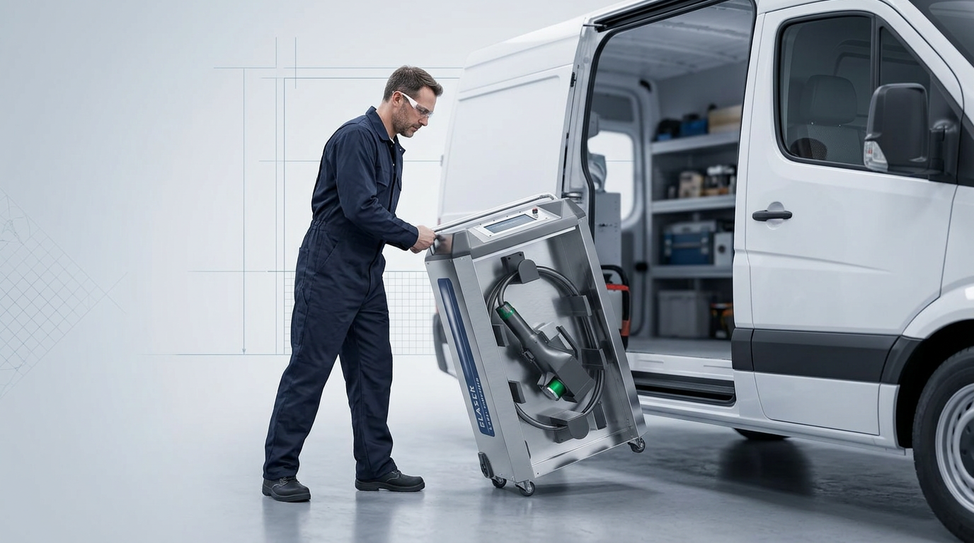 Focused engineer in navy coveralls loading a compact wheeled ELASER laser cleaning machine into a white service van in a bright technical workspace.