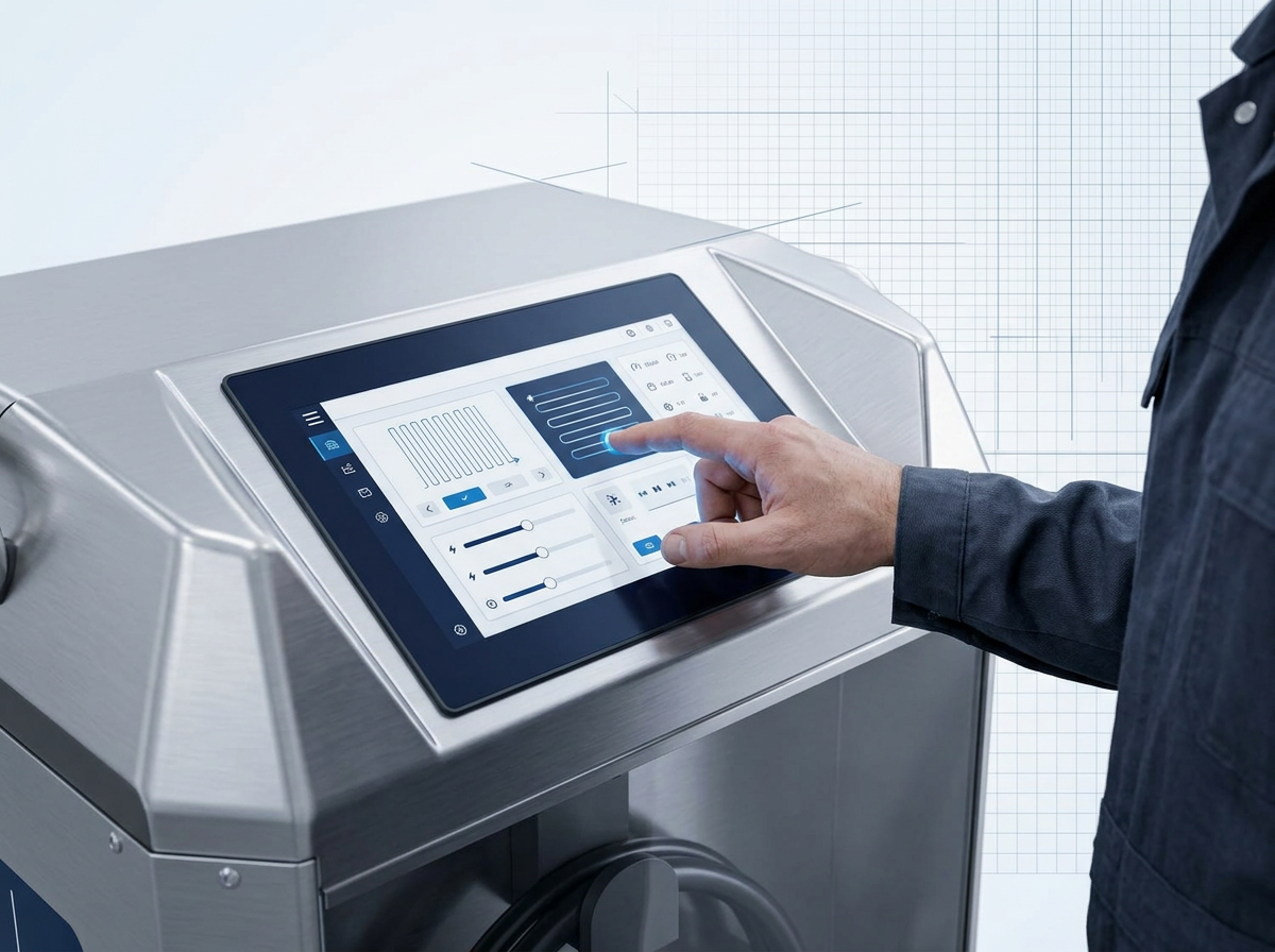 Technician's hand interacting with the ELASER's touchscreen control panel, displaying graphical interface with scan patterns and power controls on a light background.