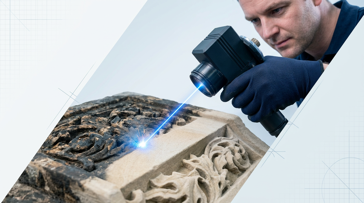 Handheld laser scanner head actively cleaning ornate heritage stonework, with electric blue laser beam revealing cleaned bare stone material contrasted against darkened soiled surface.