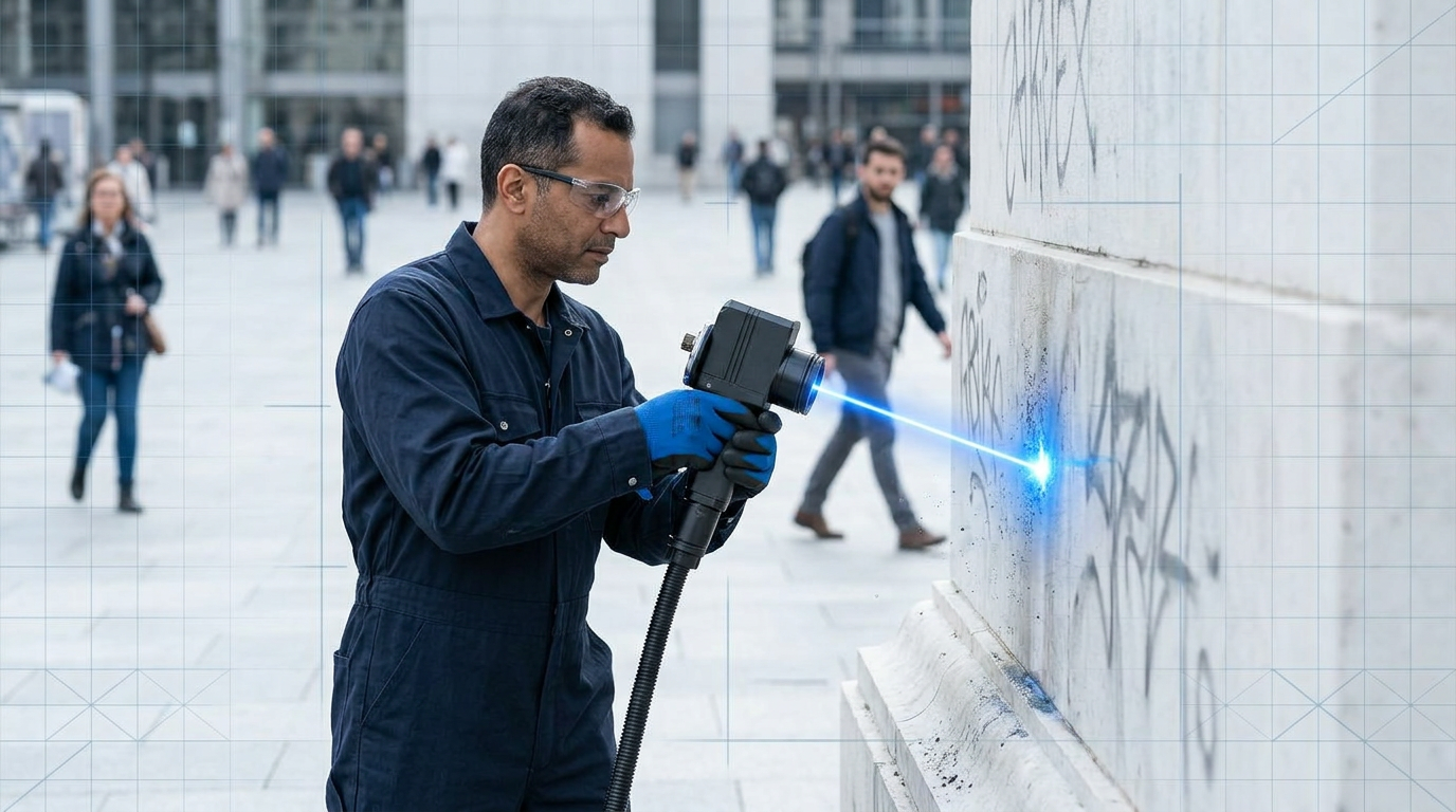 Technician in navy coveralls using handheld laser scanner on stone surface with visible graffiti, pedestrians freely moving in background without barriers or protective equipment, demonstrating 200W pulsed laser cleaning in open environment.