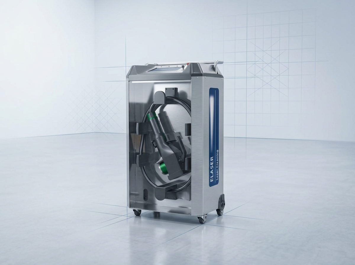 Compact ELASER laser cleaning machine standing alone on a polished workshop floor in bright, even studio lighting with no external cooling units, water hoses, or chiller equipment visible.