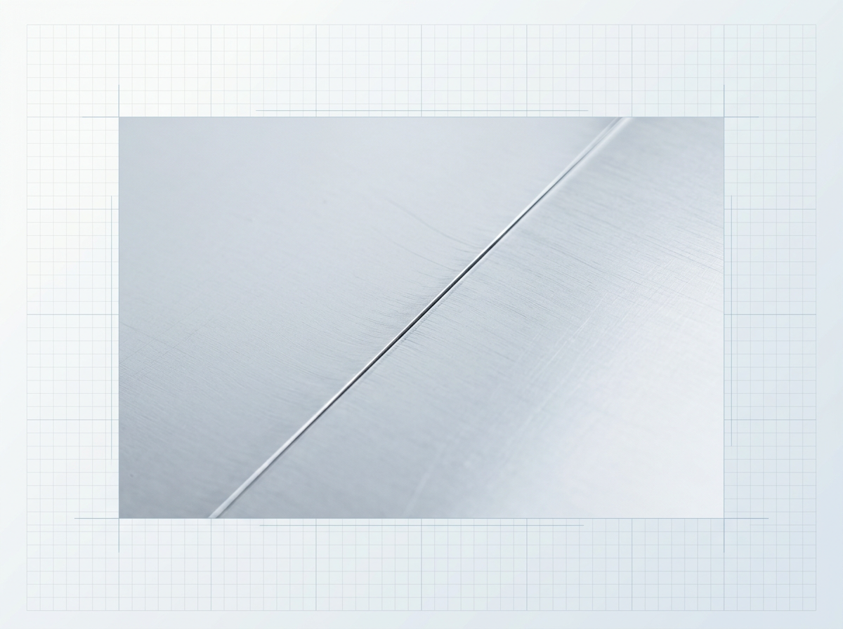 Macro close-up of pristine stainless steel surface after laser cleaning, showing unblemished material with sharp laser ablation line marking the cleaned boundary, smooth reflective finish under cool studio lighting.