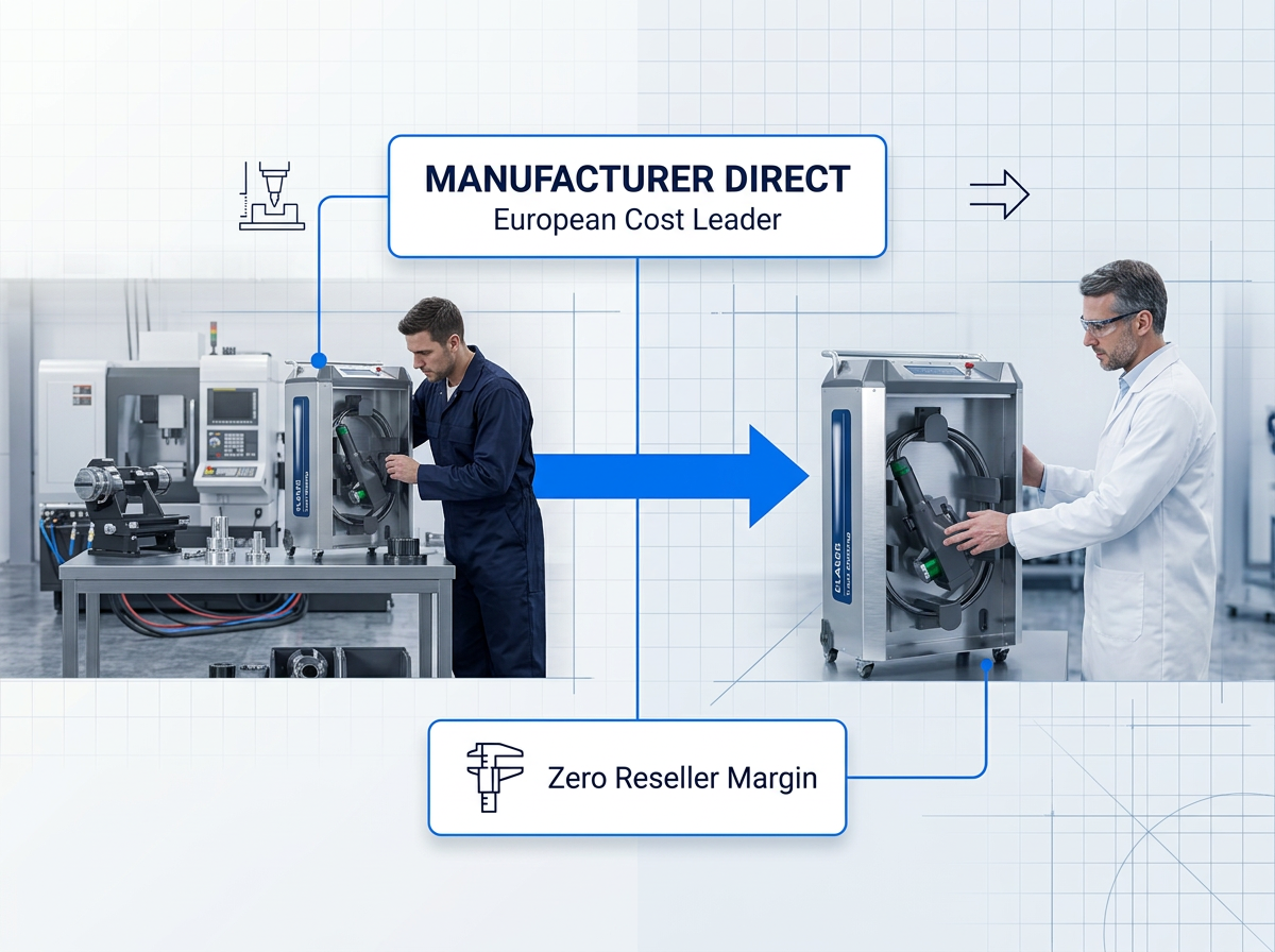 Manufacturing facility on left with technician and ELASER machine connected by blue arrow to buyer facility on right, with 'Manufacturer Direct' and 'European Cost Leader' badges overhead.