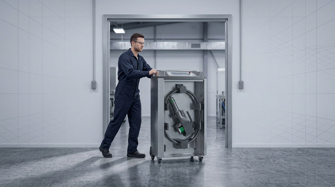 Operator in navy coveralls rolling wheeled ELASER laser cleaning machine through standard factory doorway, demonstrating single-person portability and ease of deployment.