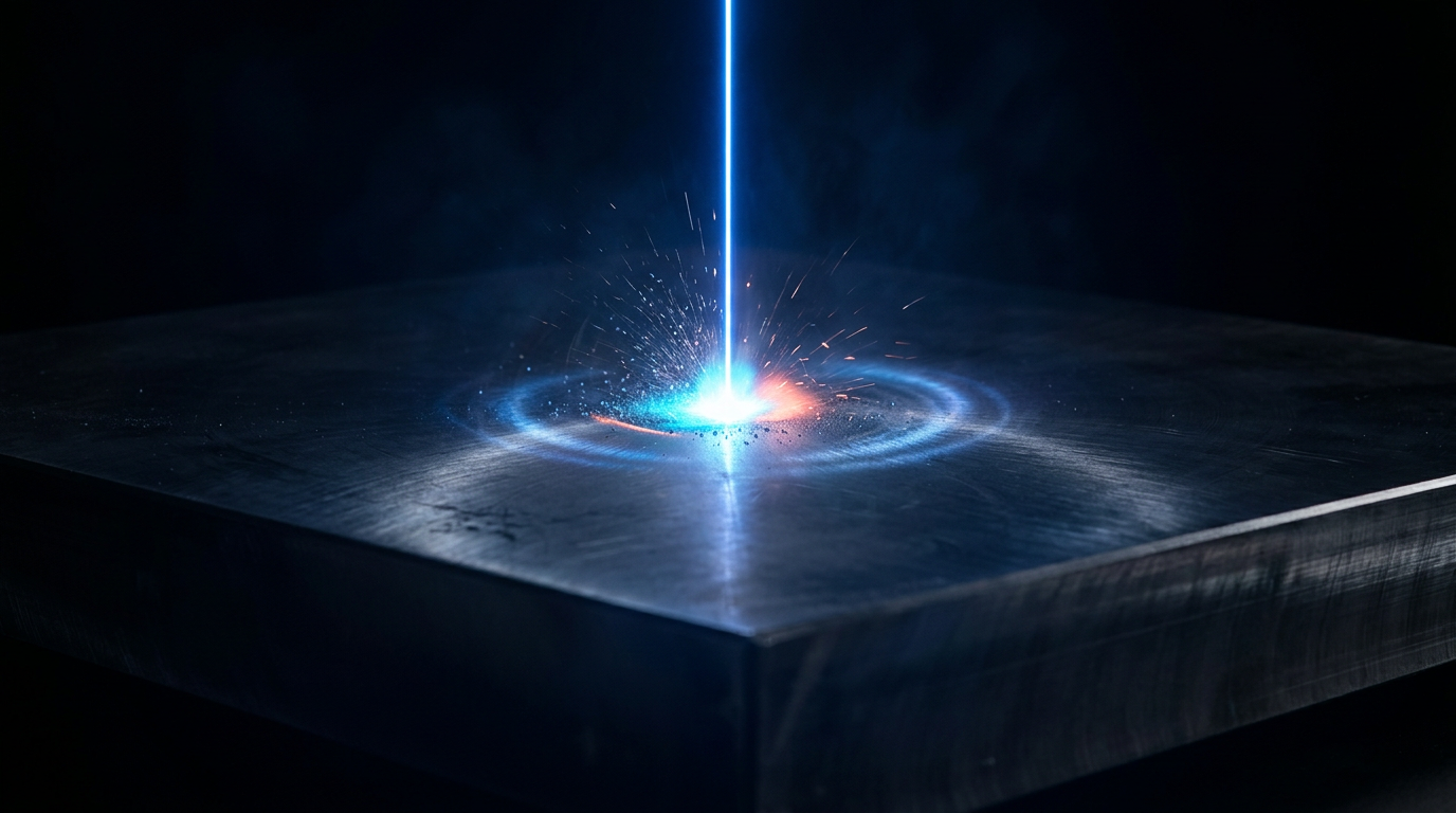 Polished metal surface with vivid laser ablation effect: concentrated electric blue beam striking the surface, creating bright cyan-white plasma at contact point with particle spray and orange-red heat core, surrounded by radiating light scatter against deep shadow.