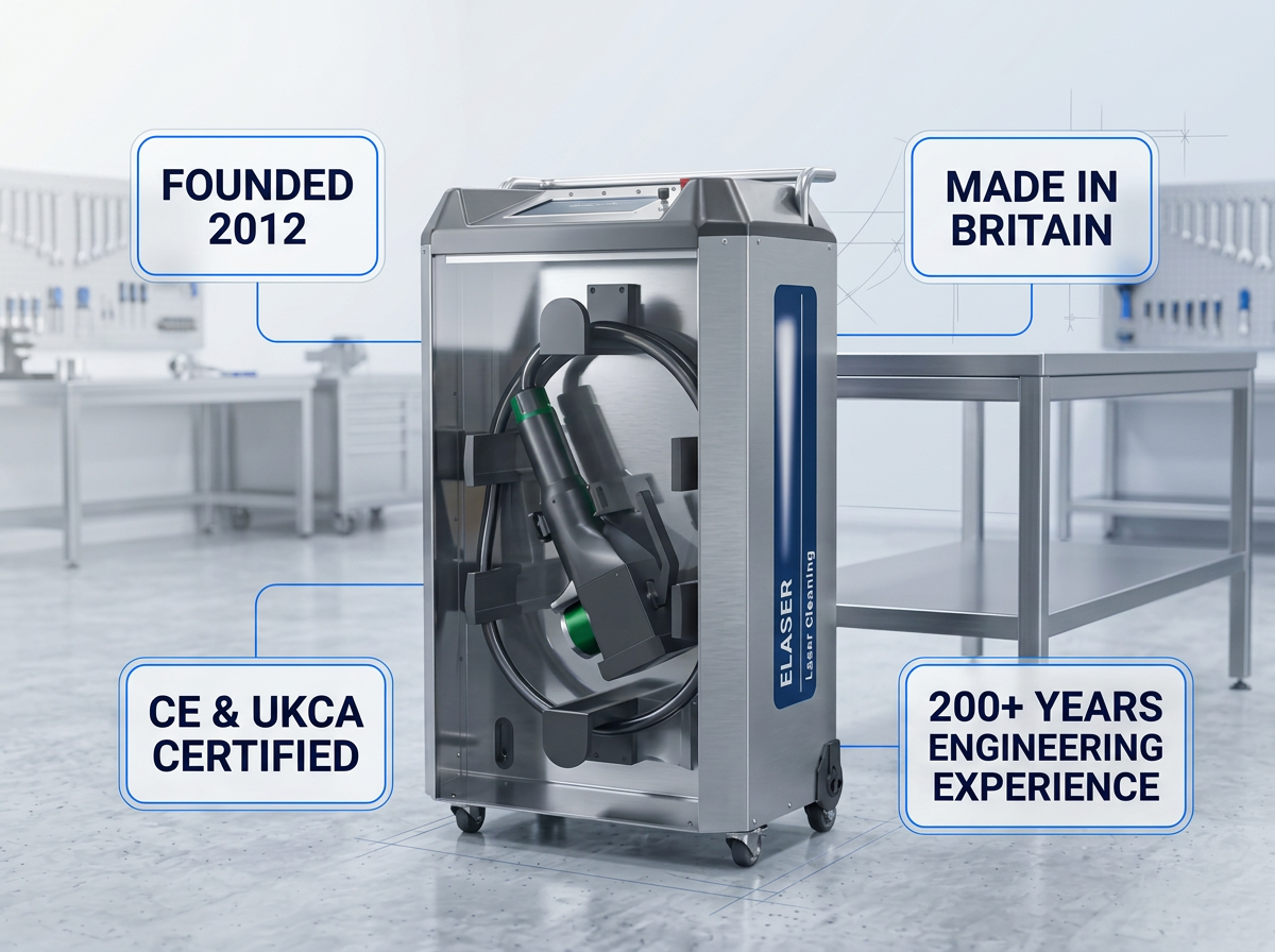 ELASER laser cleaning machine in a bright British workshop with four credential badges: Founded 2012, Made in Britain, CE & UKCA Certified, 200+ Years Engineering Experience.