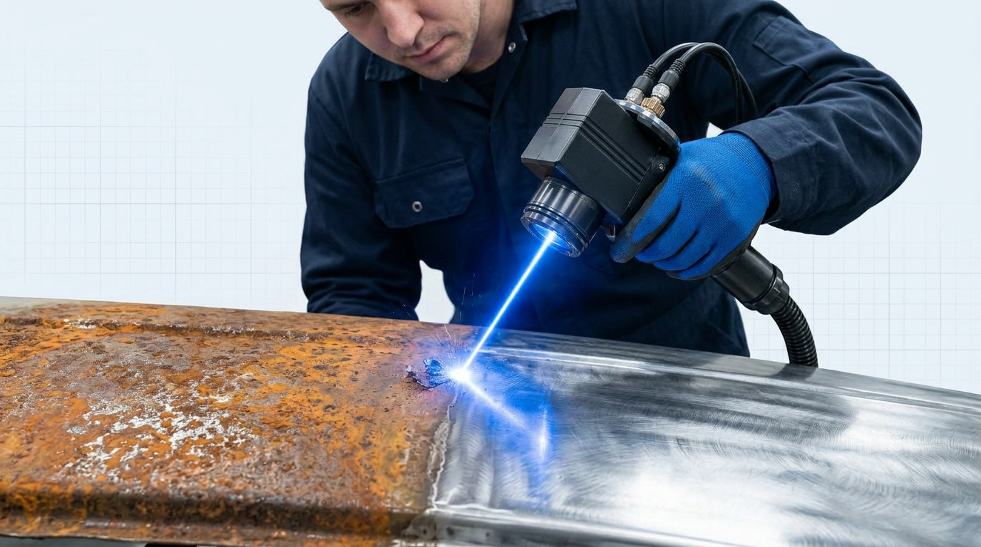 Technician's hands holding ELASER laser scanner directed at steel automotive panel, with rust visibly lifting from degraded surface on left and bright cleaned metal exposed on right, electric blue laser beam at contact point.
