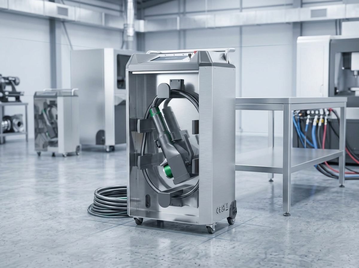 ELASER 200W pulsed laser cleaning machine positioned in a bright British manufacturing workshop, wheeled base on polished concrete floor, control panel with WSL logo visible, CE and UKCA certification marks on lower front panel.