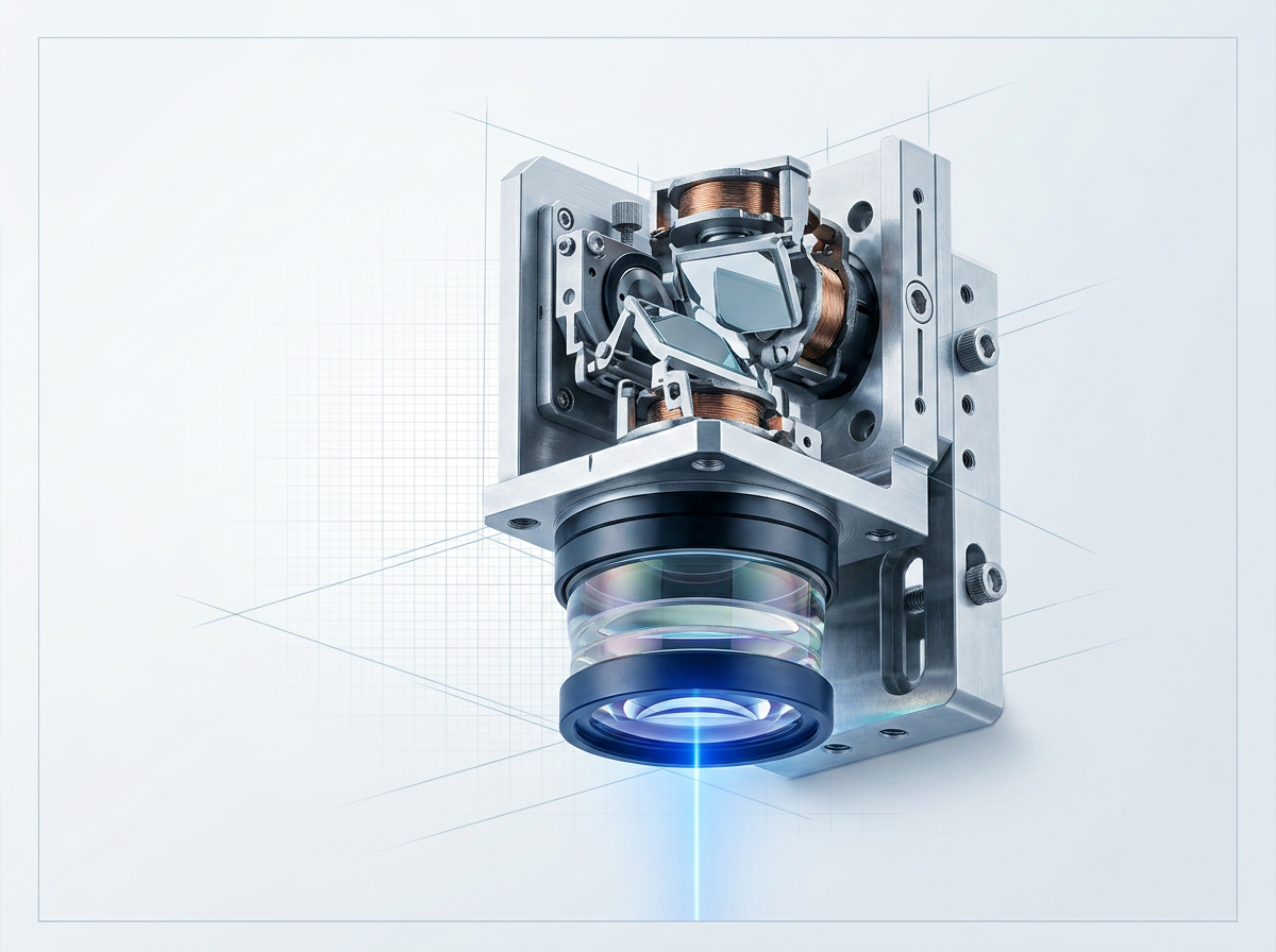 Close-up of galvanometer scanner head with dual orthogonal scanning mirrors, electromagnetic coils, and F-Theta lens assembly mounted on precision mechanical bracket with anti-reflective optical surfaces.