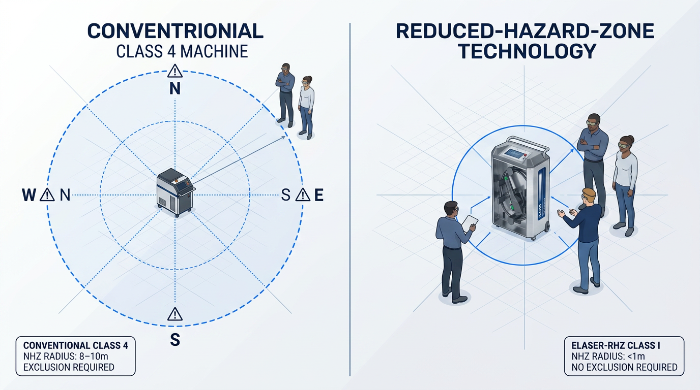 Side-by-side comparison of hazard zones: conventional Class 4 laser machine with large 8-10 meter exclusion perimeter and warning barriers, versus ELASER-RHZ Class I machine with confined sub-1-meter hazard boundary allowing unrestricted operator access.