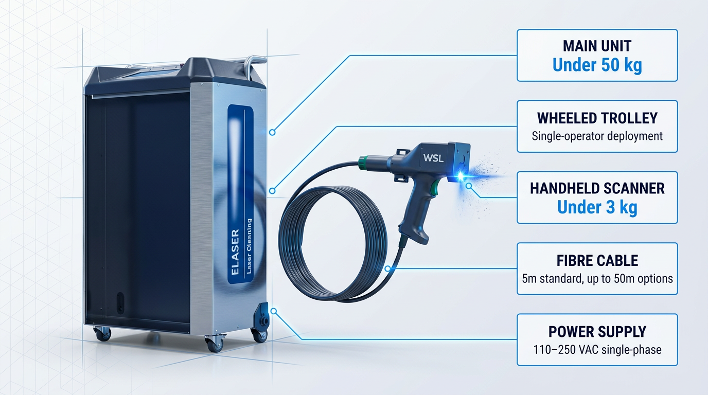 ELASER 300W laser cleaning system showing wheeled main unit (under 50 kg) on left with fibre delivery cable, and lightweight handheld scanner (under 3 kg) on right, with specification labels for power supply and cable length options.