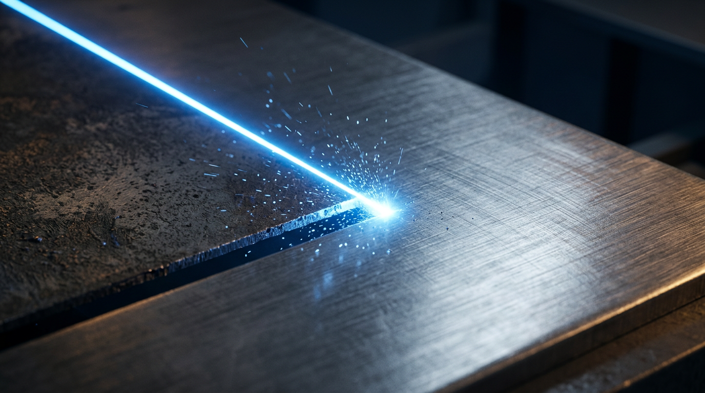 Close-up of electric blue laser beam cutting across brushed metal surface, with oxidized contamination on left side and clean polished metal on right side, showing precision cleaning action.