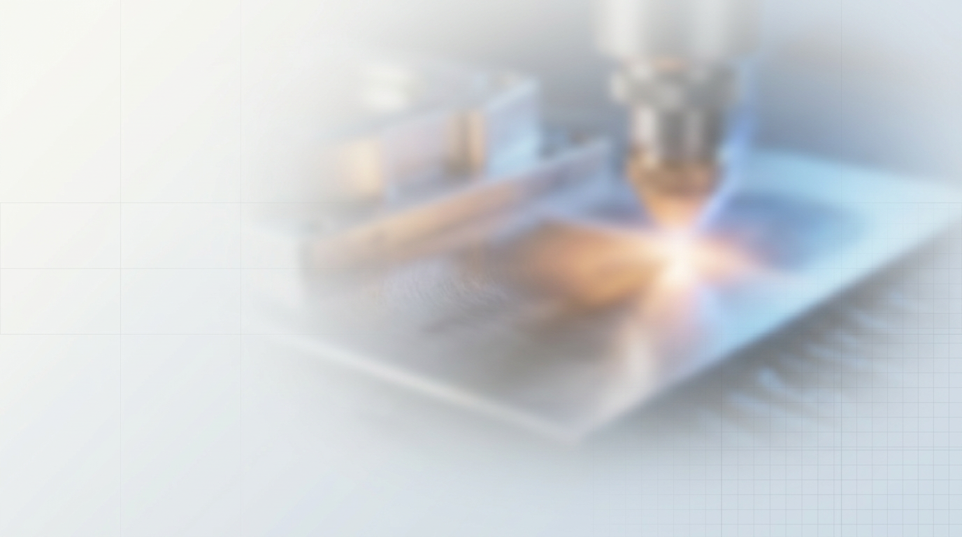 Softly blurred laser cleaning machine at work on a metal surface with warm amber and electric blue light interplay, suggesting precision engineering and controlled technology.