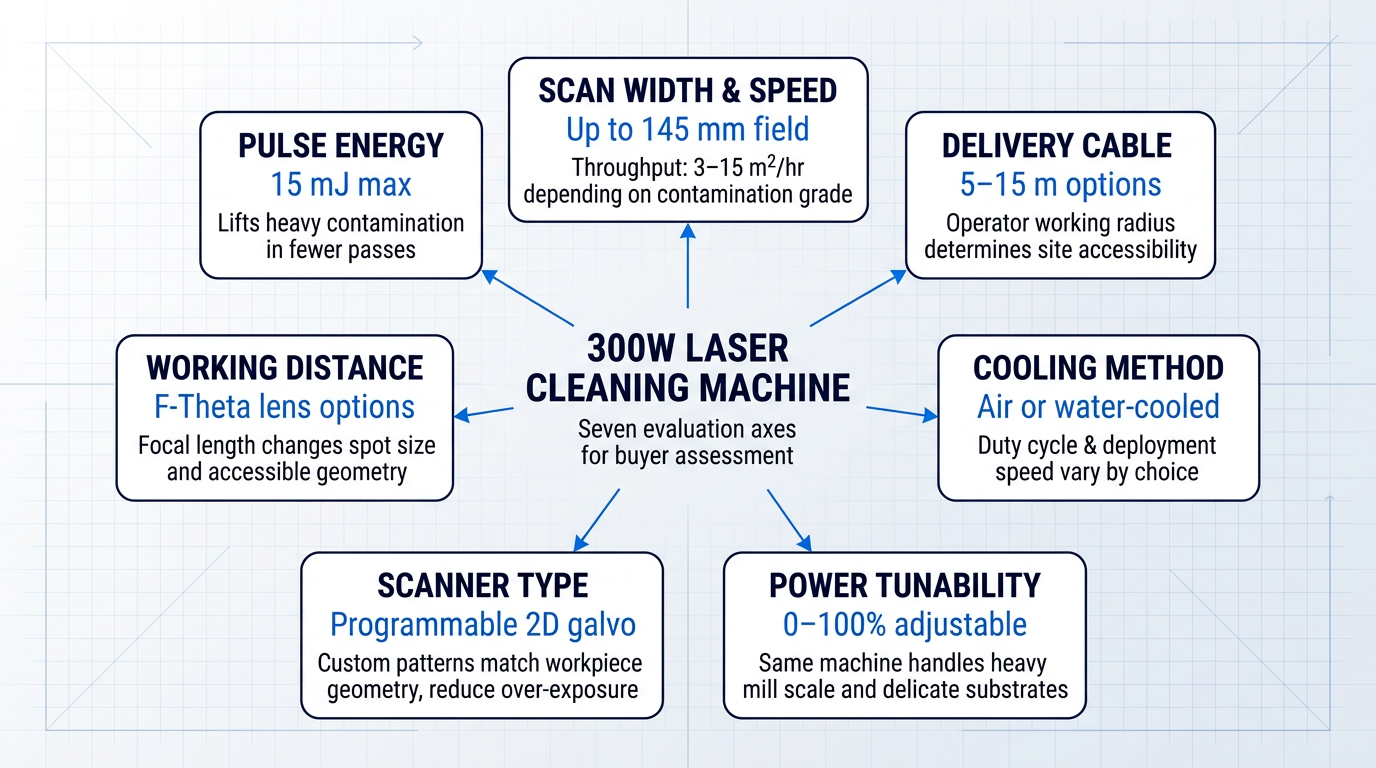 Circular evaluation framework diagram showing seven specification nodes for a 300W laser cleaning machine: pulse energy, scan width and speed, delivery cable, cooling method, power tunability, scanner type, and working distance, each connected to practical buyer outcomes.