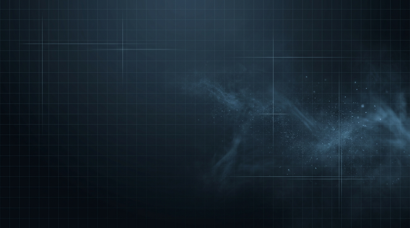 Dark atmospheric industrial workspace with deep navy gradient, subtle geometric grid pattern, and faint blue particle effects suggesting laser energy interaction.