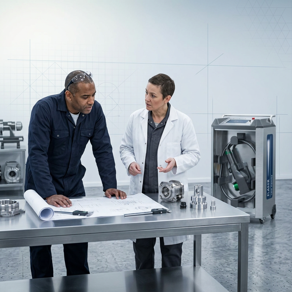 Two engineers in dark coveralls and lab coat at a bright industrial workbench examining technical drawings and metal components, with ELASER laser cleaning machine visible in the background.