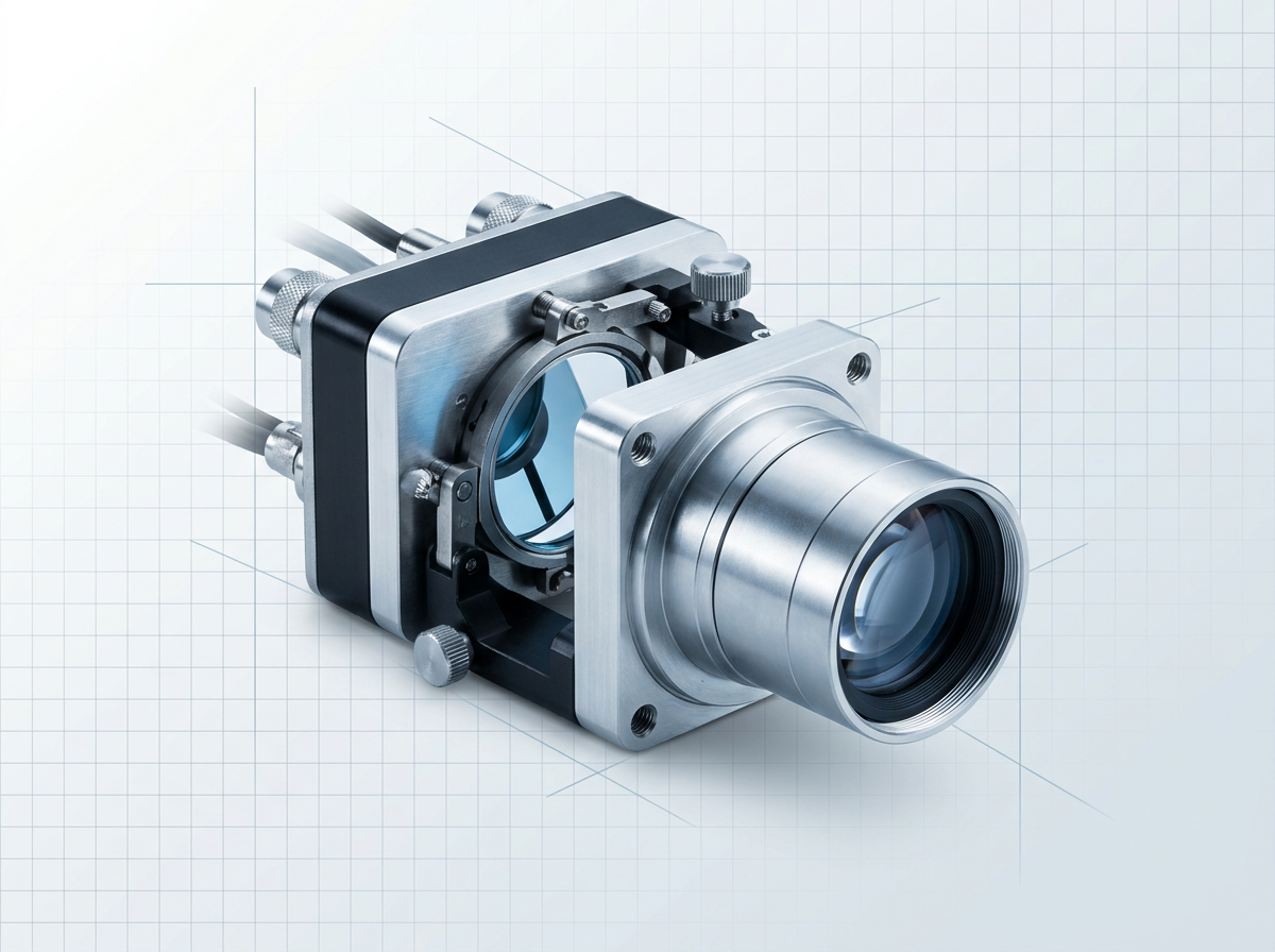 Close-up of a 2-D galvanometer scanner head with integrated F-Theta lens, featuring brushed metal housing, precision mirror assemblies, optical glass element, and adjustment knobs on clean light background.