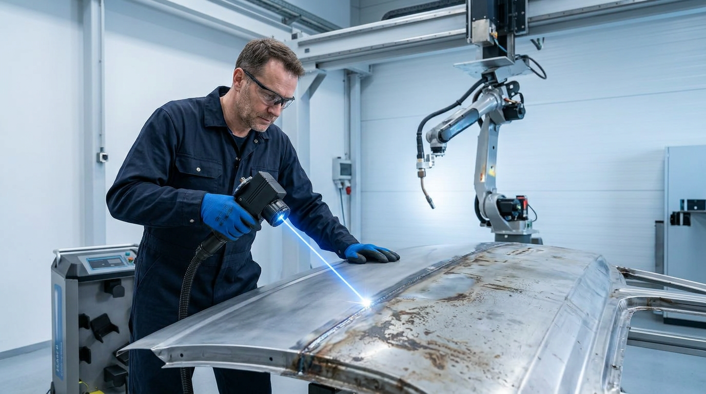 Automotive production technician in dark coveralls using handheld laser cleaning tool on vehicle body panel, with welding robot visible in background. Laser beam shows before-and-after surface cleaning with electric blue contact point.