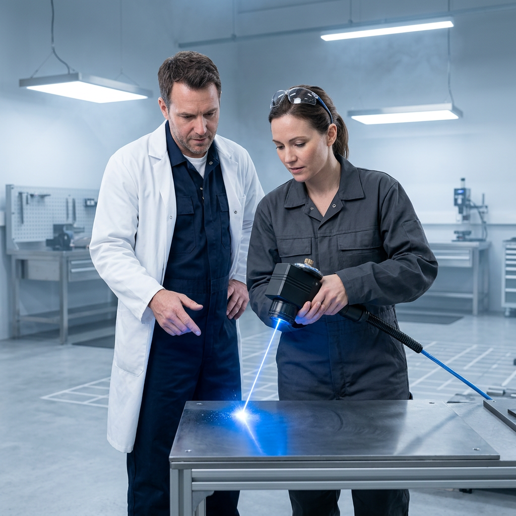 Experienced instructor in lab coat and operator in coveralls work together on metal surface using ELASER handheld laser scanner; electric blue laser point visible on steel work piece showing active cleaning.