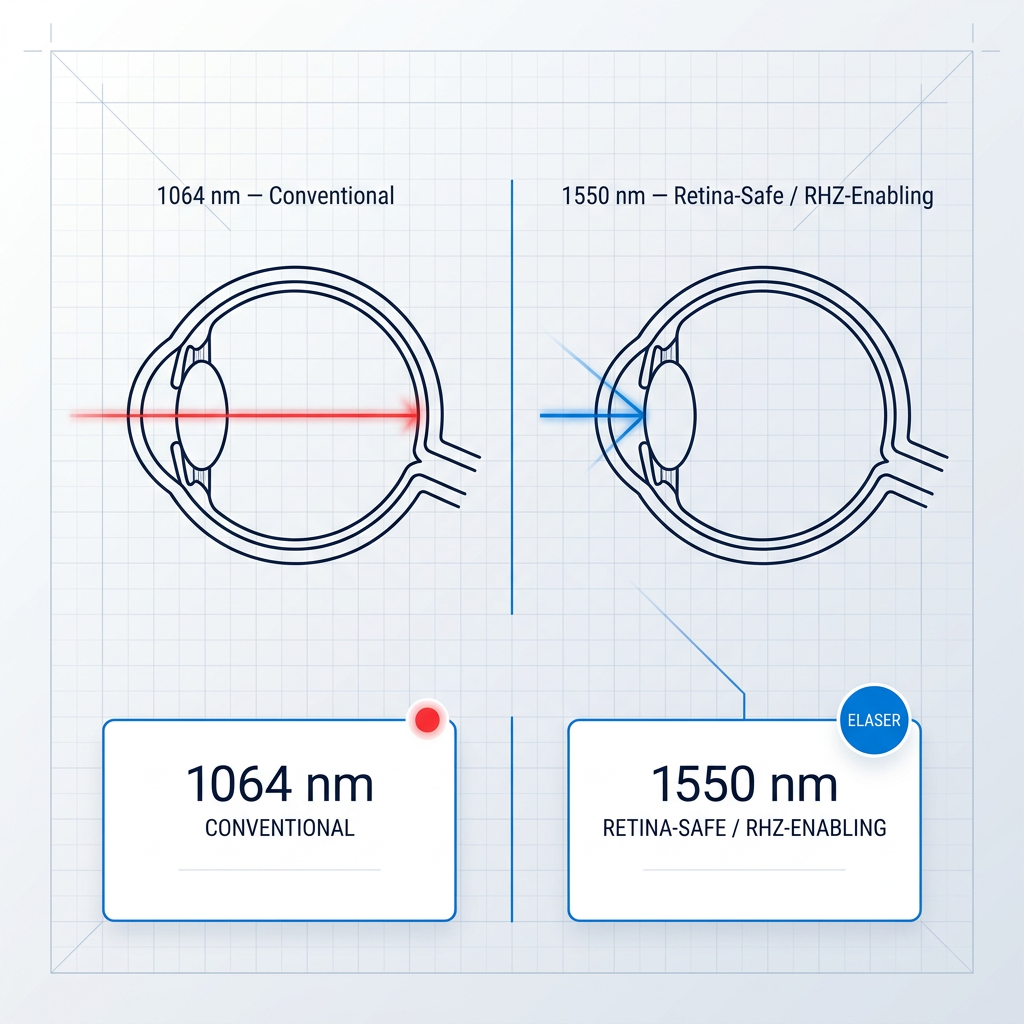 Side-by-side comparison of laser wavelengths: left shows 1064 nm conventional beam penetrating through eye layers to retina; right shows 1550 nm retina-safe beam absorbed at cornea. Technical eye cross-section diagrams with labeled containers below.
