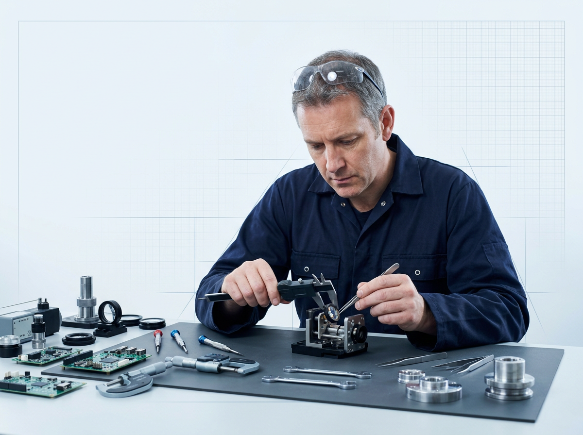 Skilled engineer in navy coveralls working at precision workbench, assembling laser system components with calipers and technical instruments, bright industrial workspace with organized optical elements and calibration equipment.