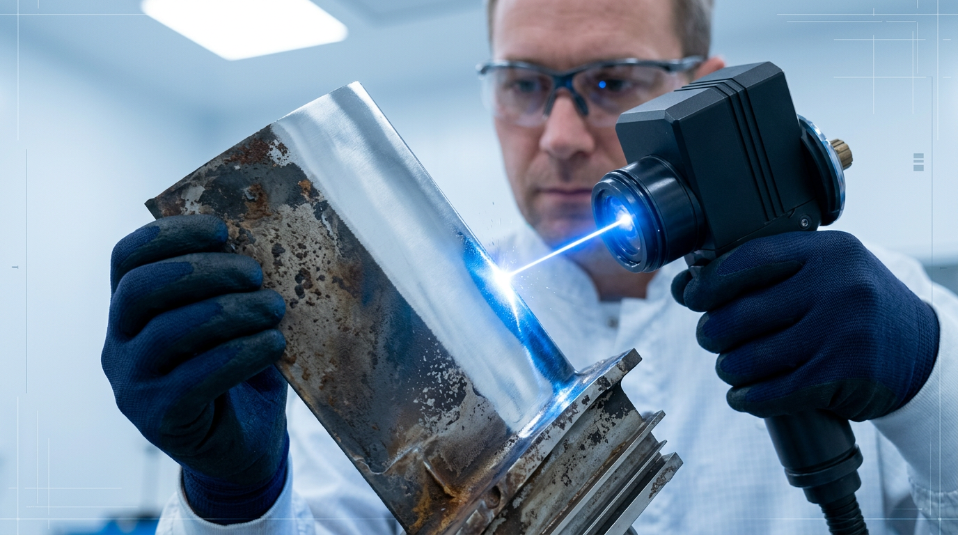 Aerospace turbine blade with corroded left surface and laser-cleaned bright metal right surface, held by engineer in cleanroom environment with electric blue laser interaction point visible.