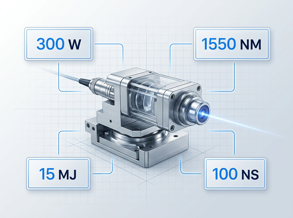 Fibre laser head assembly with visible optics and electric blue beam emission point, surrounded by four specification badges displaying 300 W power, 1550 nm wavelength, 15 mJ pulse energy, and 100 ns pulse duration.