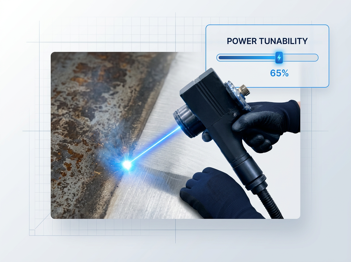 ELASER handheld laser scanner in active use on metal surface, showing contaminated rust zone on left transitioning to clean bare metal on right at electric blue laser contact point. Power tunability slider badge displays 65% in upper right corner.