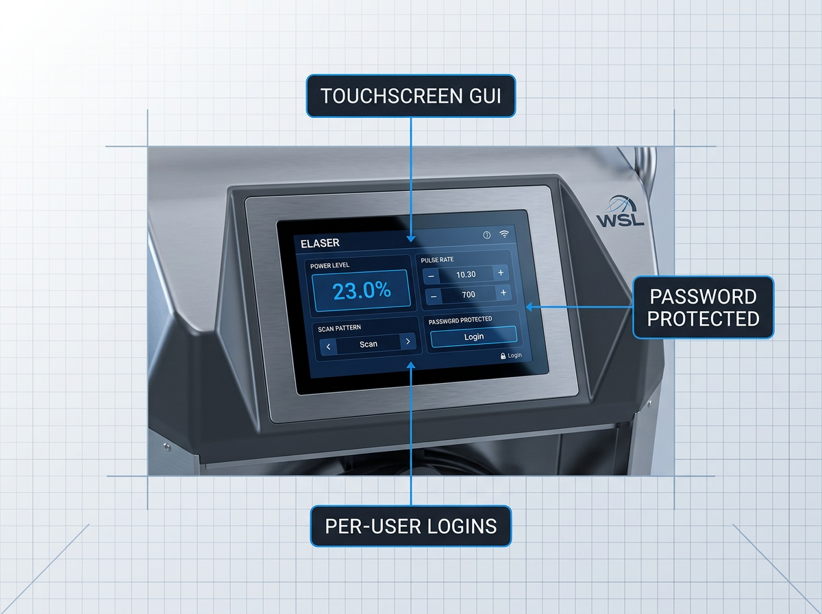 ELASER touchscreen control panel with dark navy GUI displaying operational parameters, flanked by three labeled callouts: Touchscreen GUI, Password Protected, and Per-User Logins.