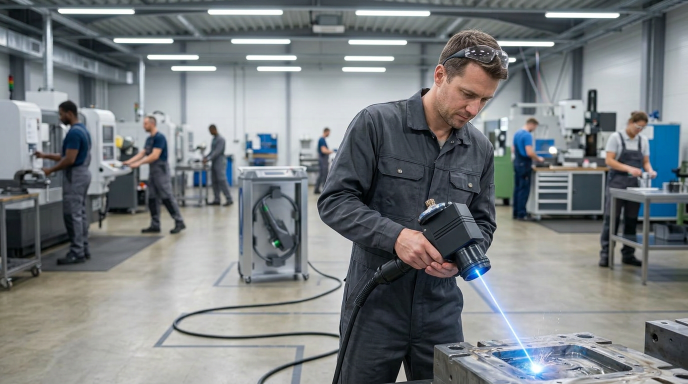 Technician in work coveralls operating handheld ELASER-RHZ laser cleaning scanner on industrial surface, with fiber cable extending to main machine unit visible in background factory floor; multiple workers engaged in normal tasks throughout open-plan facility without hazard barriers.