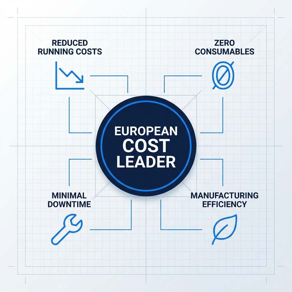 European Cost Leader badge with deep navy shield and electric blue border, surrounded by four corner icons representing reduced running costs, zero consumables, minimal downtime, and manufacturing efficiency, connected by thin blue lines.