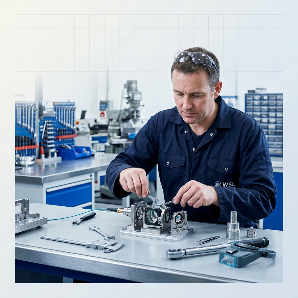 Experienced engineer in dark navy coveralls working on laser system component at precision workbench, with organized tool racks and manufacturing equipment visible in well-lit British workshop background.
