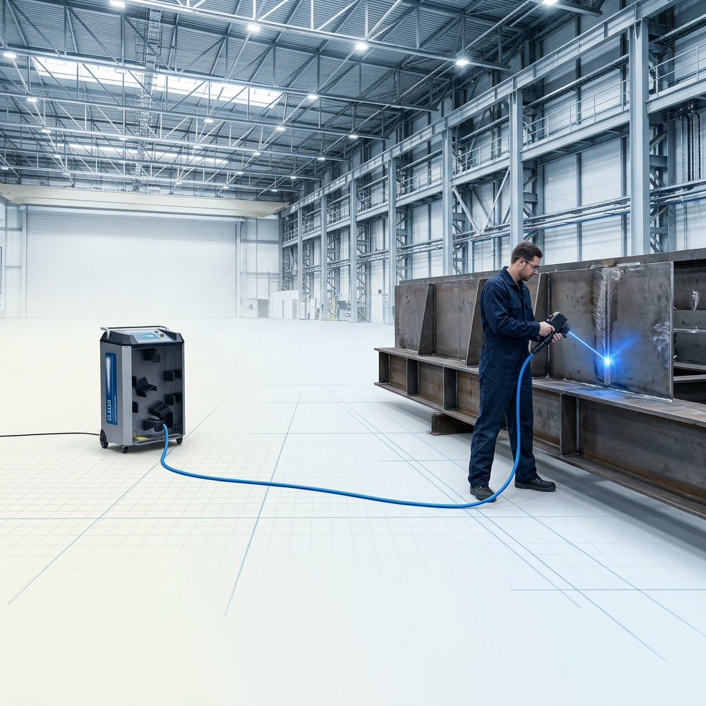 Industrial factory floor showing ELASER laser cleaning machine on left with extended blue fibre cable running across floor to operator on right holding scanner at large metal structure with active laser beam