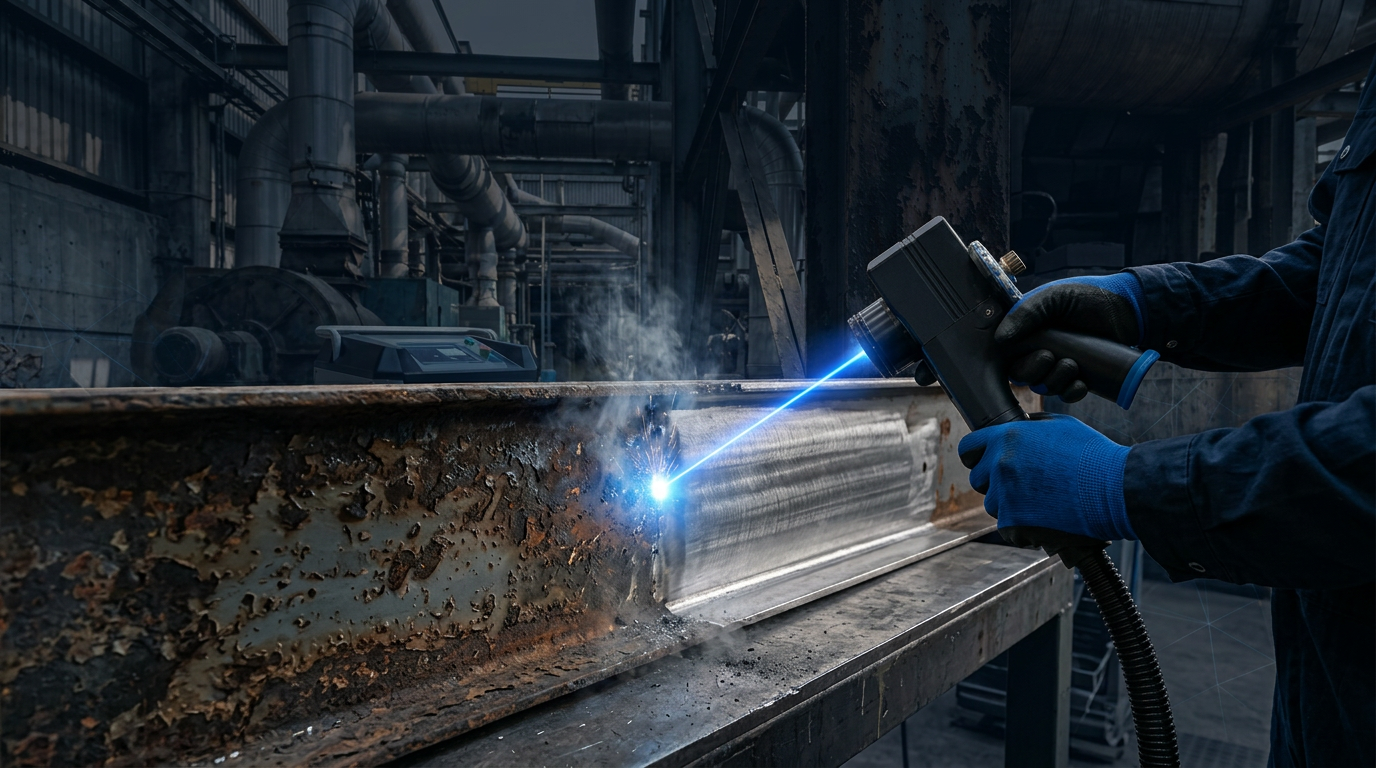 Technician using handheld laser cleaning scanner on rusted steel surface in industrial workshop, with bright electric blue laser beam and smoke visible at ablation point, clean bare metal emerging beside contaminated zone.