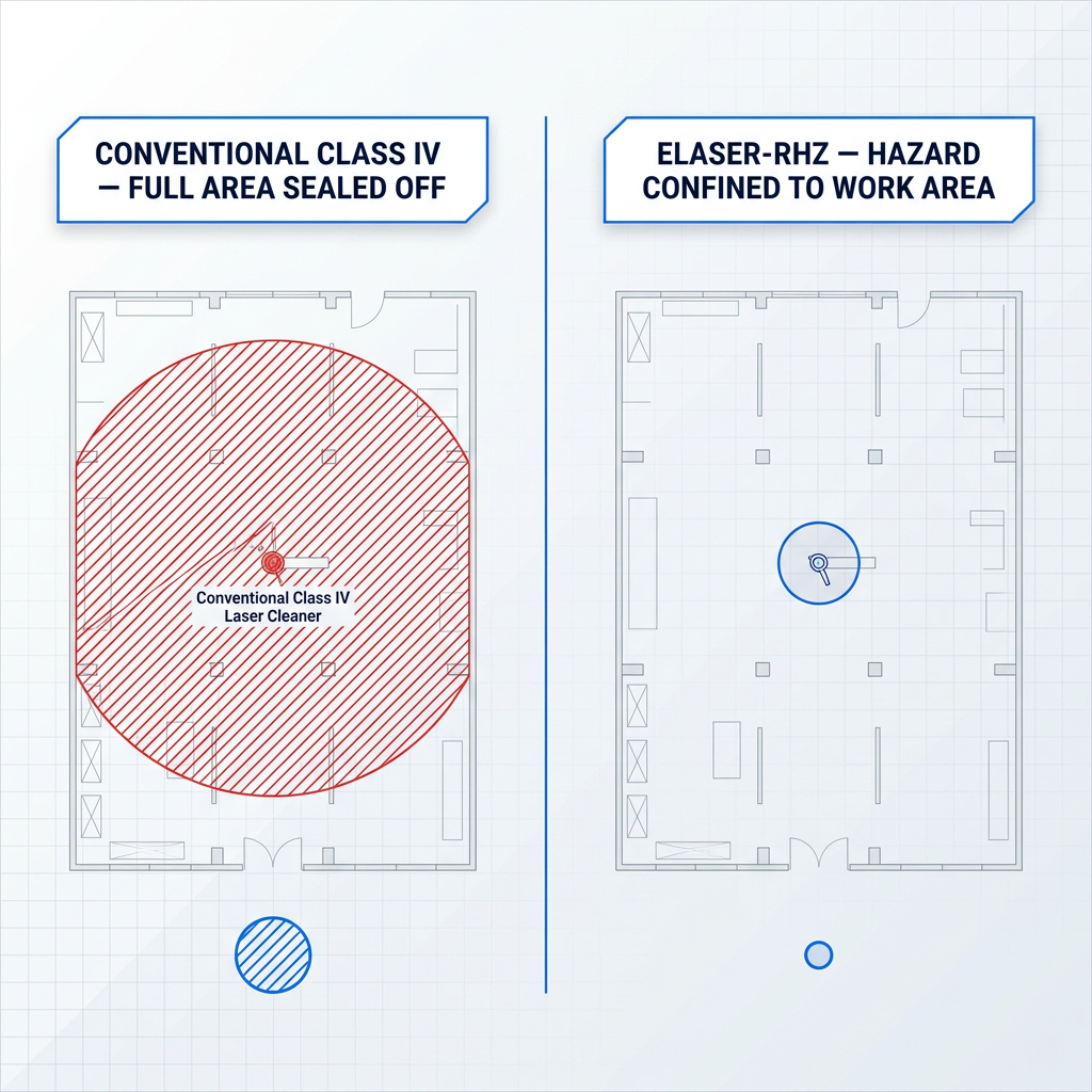 Split-panel floor plan comparison: left panel shows large red hatched exclusion zone around conventional Class IV laser cleaner; right panel shows same space with only small circular hazard zone around ELASER-RHZ cleaning head.