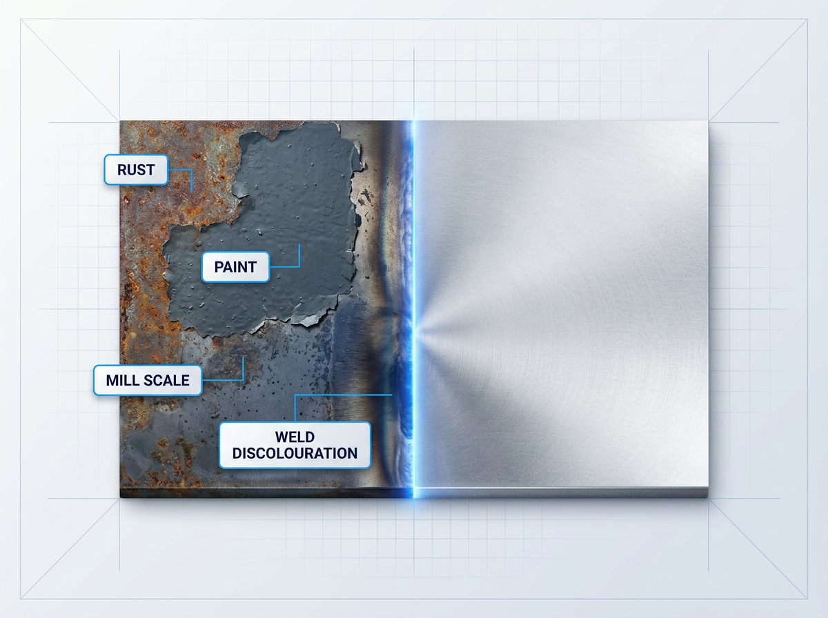 Split before-and-after metal surface: left side shows heavy rust, paint, mill scale, and weld discolouration; right side shows laser-cleaned bare metal with bright reflective finish and vertical dividing line with electric blue glow.