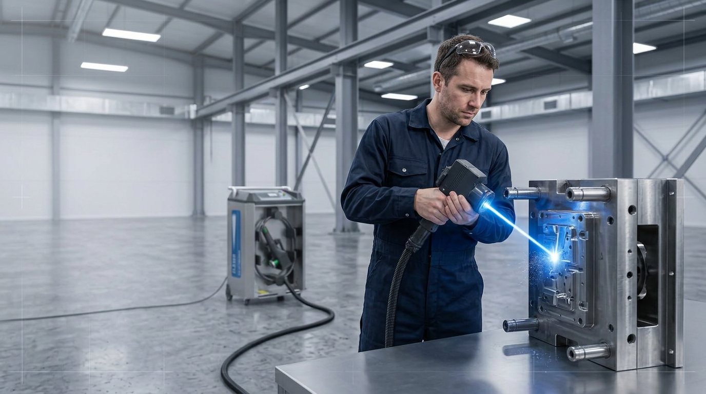 Laser cleaning operator in dark navy coveralls working with ELASER-RHZ scanner in open-plan factory, directing electric blue laser beam at industrial component with machine visible in background.