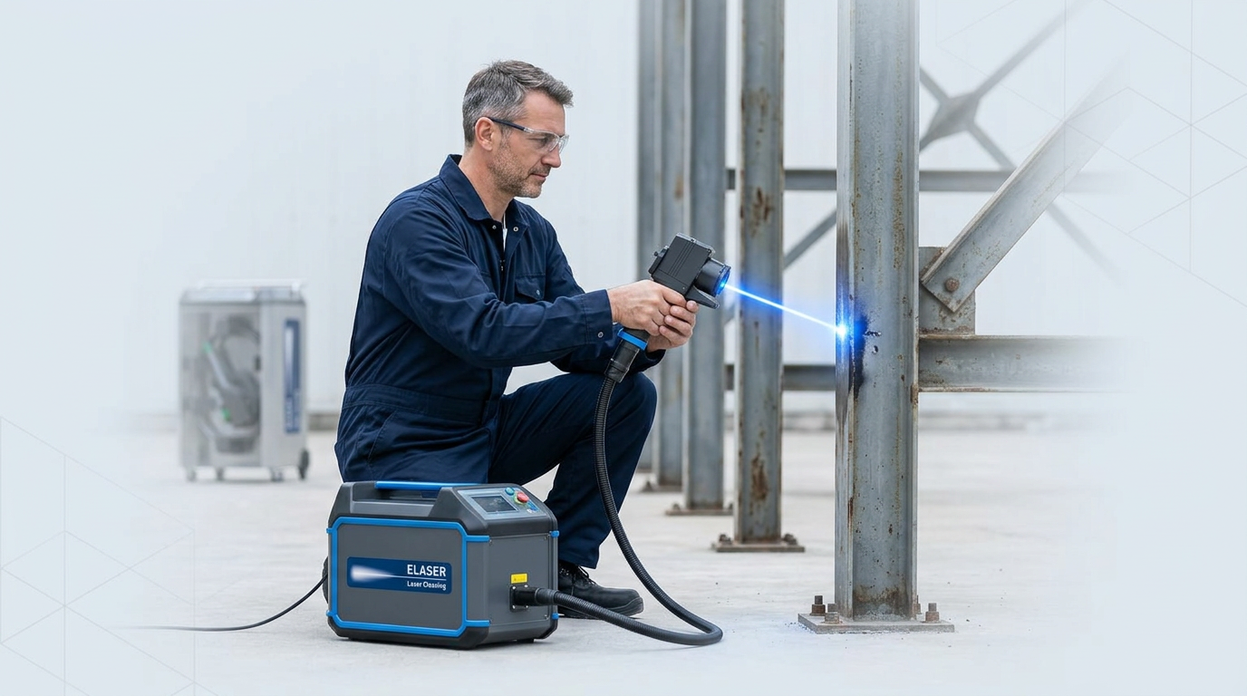 Technician in navy coveralls operating ELASER portable laser cleaning system on metal infrastructure, with extended fiber cable and active electric blue laser beam striking the surface.
