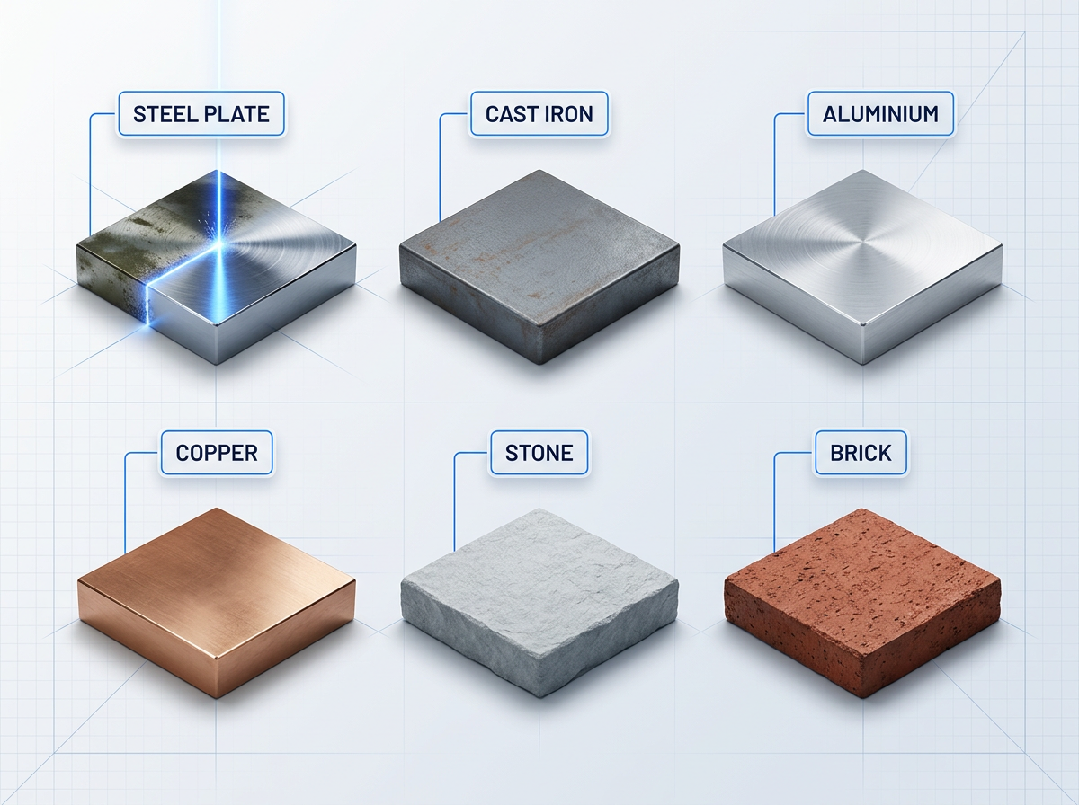Grid of six material samples—steel plate, cast iron, aluminium, copper, stone, and brick—with electric blue laser beam actively cleaning the steel plate surface, showing stark contrast between contaminated and bare material.