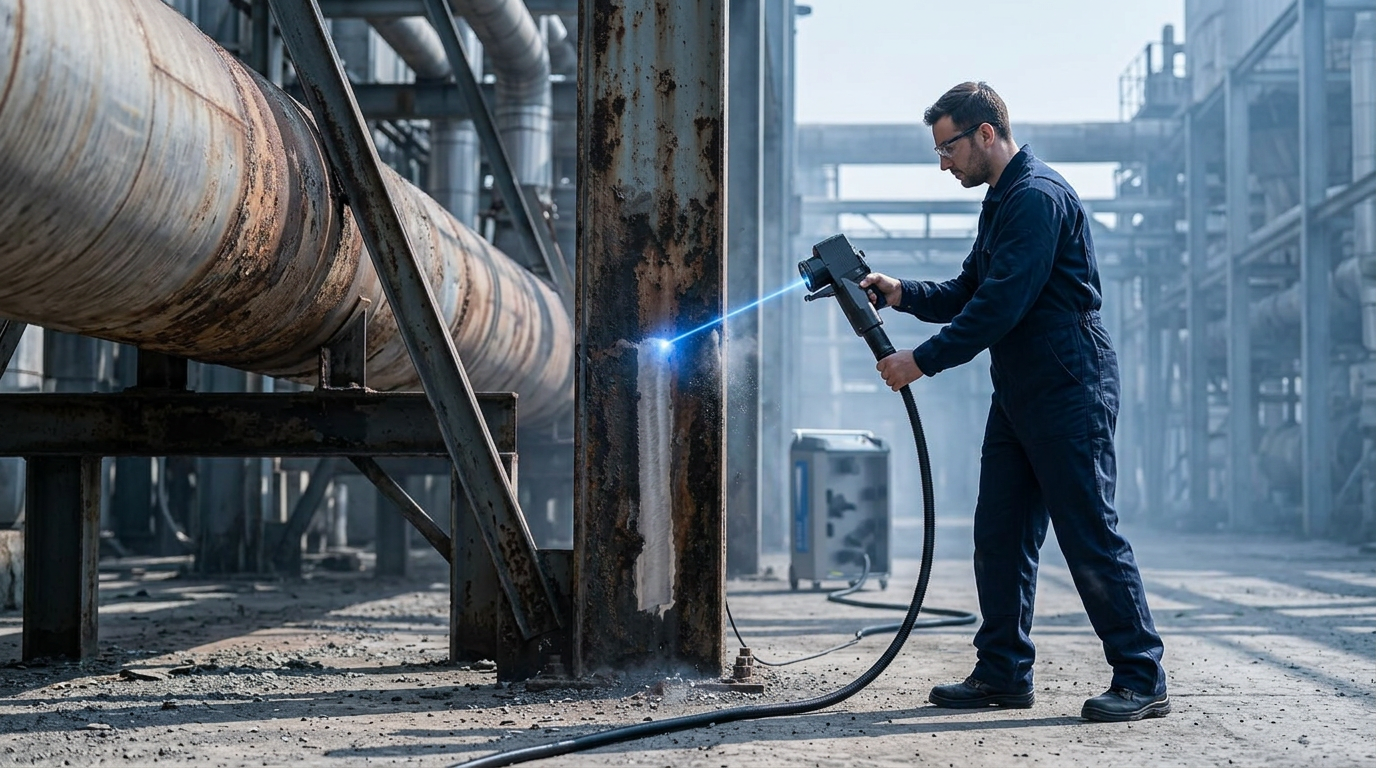 Industrial technician in dark coveralls operating handheld ELASER laser scanner on corroded steel pipe infrastructure, with electric blue laser beam marking the cleaning contact point and fiber cable extending to wheeled unit in background.