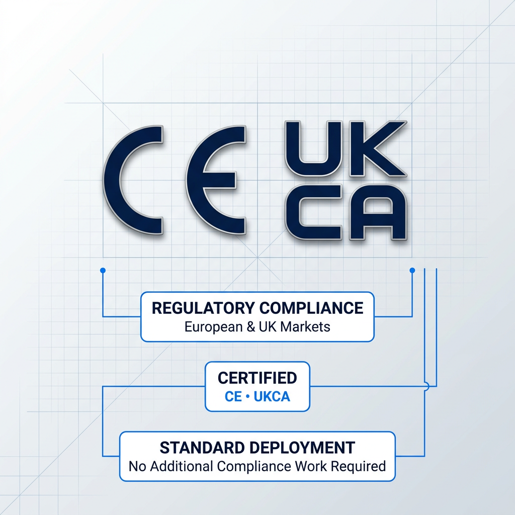 CE and UKCA certification marks displayed side-by-side in deep navy on a light technical background, with three labeled information containers below connected by electric blue lines.