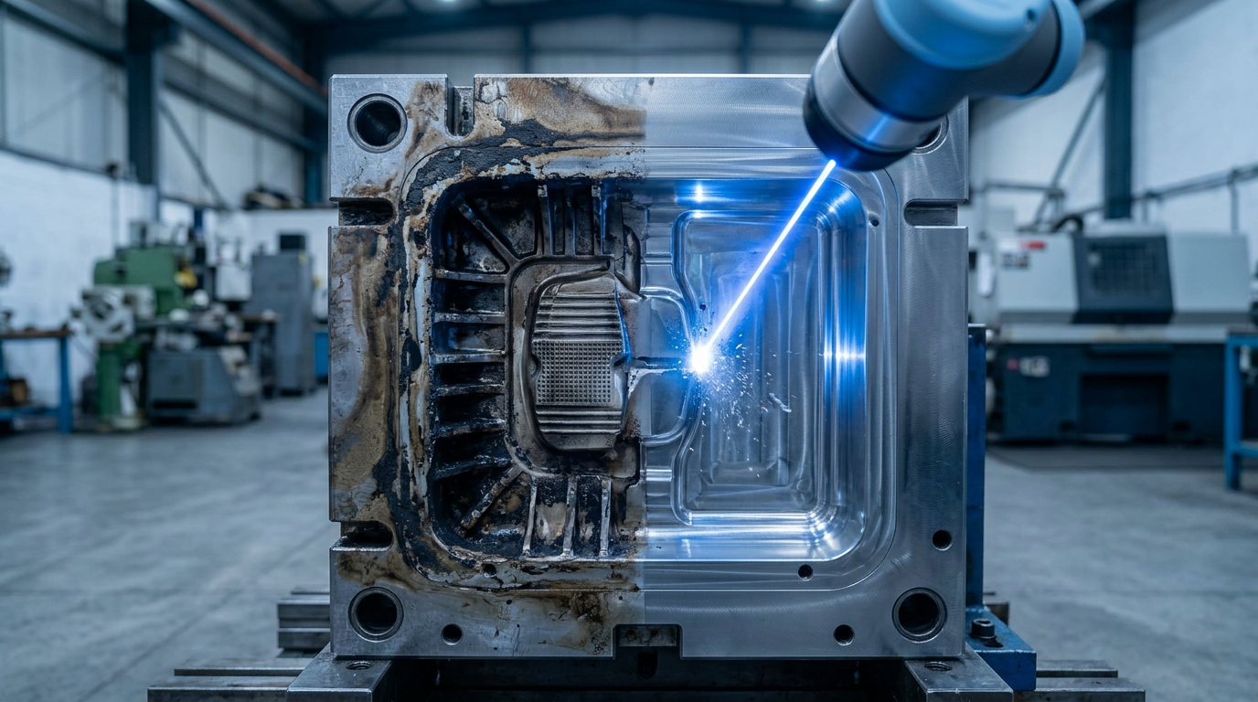 Close-up of electric blue laser beam cleaning interior cavity of injection mould, with residue visible on left side and cleaned metal surface on right, demonstrating precision ablation action.