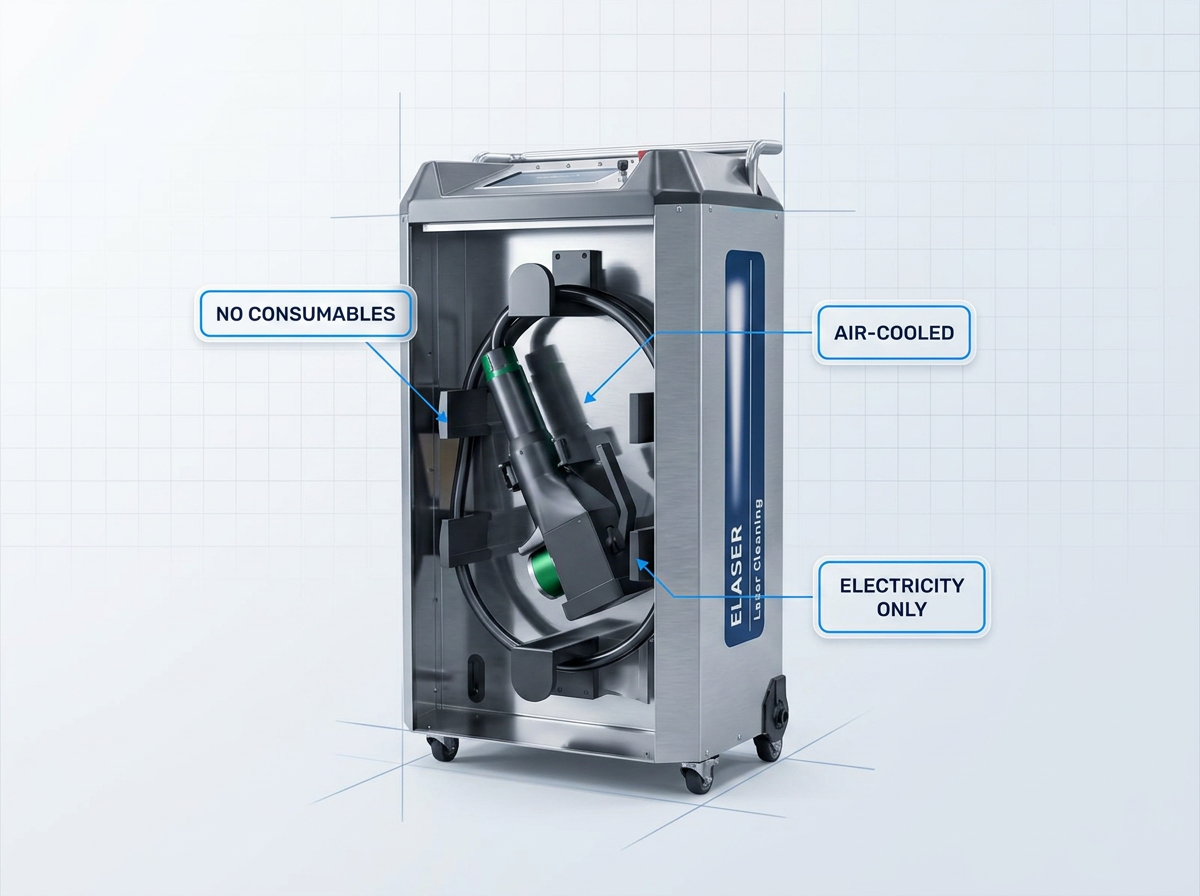 ELASER handheld laser cleaning machine centered on clean gradient background with three badge labels: No Consumables, Air-Cooled, Electricity Only positioned around scanner head with connector lines.
