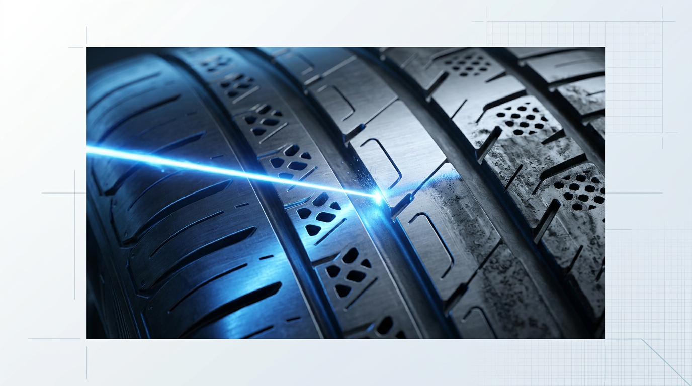 Close-up of precision tyre mould surface with intricate vent holes and tread pattern detail, electric blue laser beam cleaning the metal surface with visible ablation at contact point.