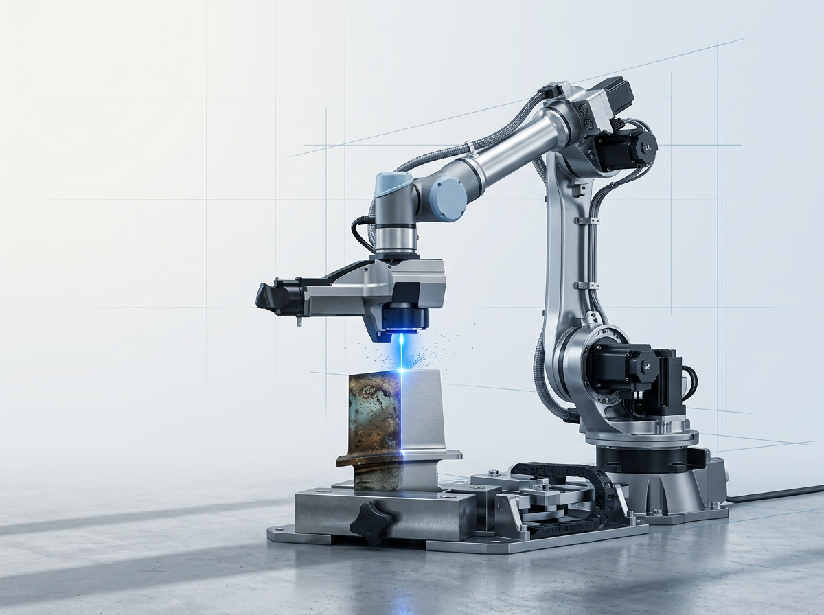 Articulated robotic arm with laser cleaning head positioned over metal component on production fixture in bright industrial facility, showing clean and oxidized surface contrast at laser contact point.