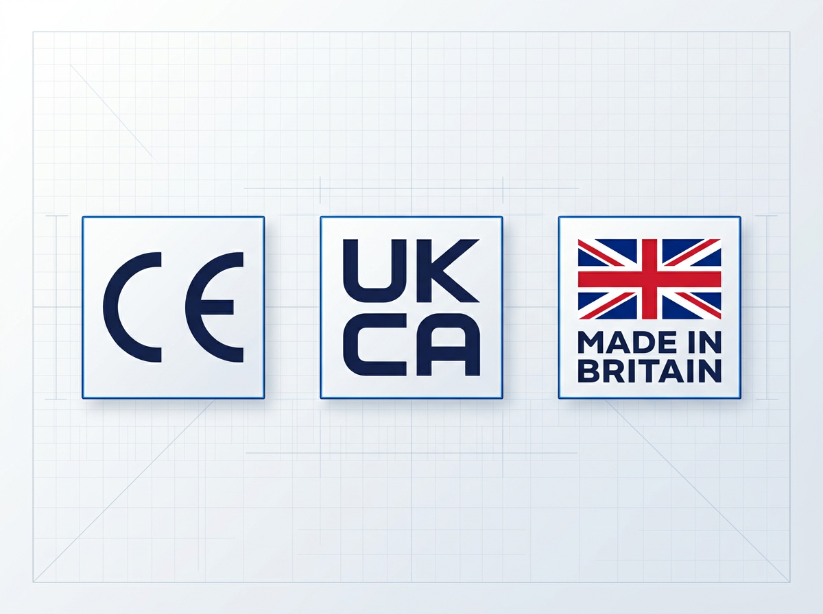 Three certification badges displayed horizontally: CE mark, UKCA mark, and Union Jack with Made in Britain text, each with thin electric blue borders on light backgrounds