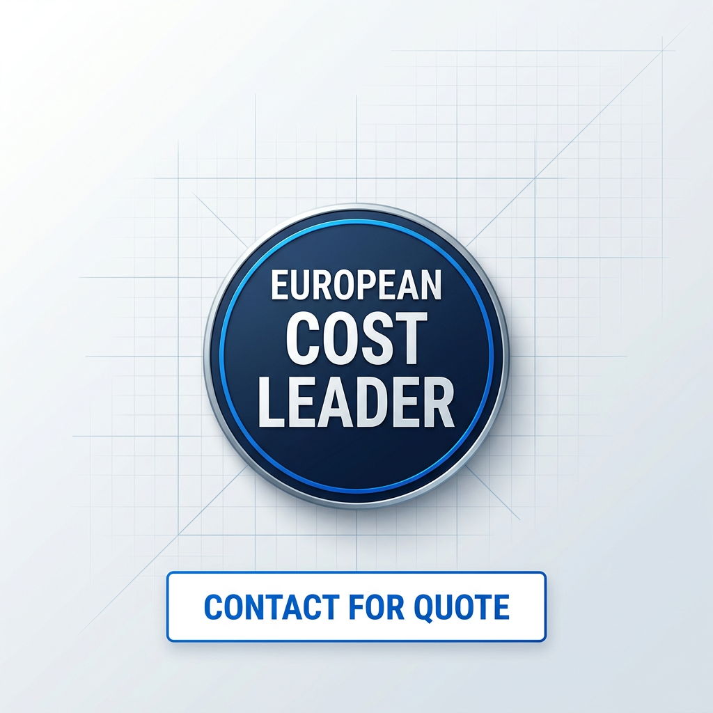 Premium badge with deep navy circular background and electric blue border, displaying 'EUROPEAN COST LEADER' in white text, with 'CONTACT FOR QUOTE' label below on light background