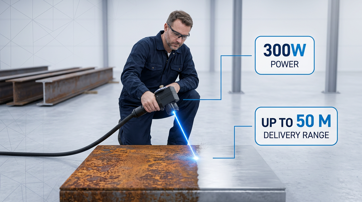 Engineer in navy coveralls operating ELASER handheld laser scanner on rusted metal surface in bright industrial warehouse. Vivid electric blue laser beam visible striking the surface, creating stark before-and-after contrast between rust-covered left side and cleaned bare steel right side. Information badges display 300W power and up to 50 m delivery range.