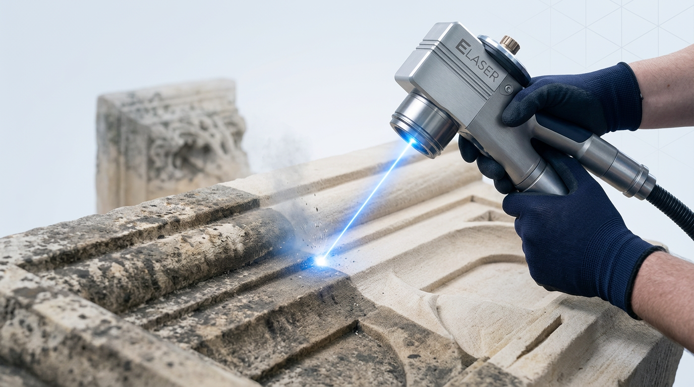 Technician's hands operating ELASER laser scanner on historic stone surface, showing stark contrast between soiled weathered area and cleanly revealed original material with electric blue laser beam at contact point.