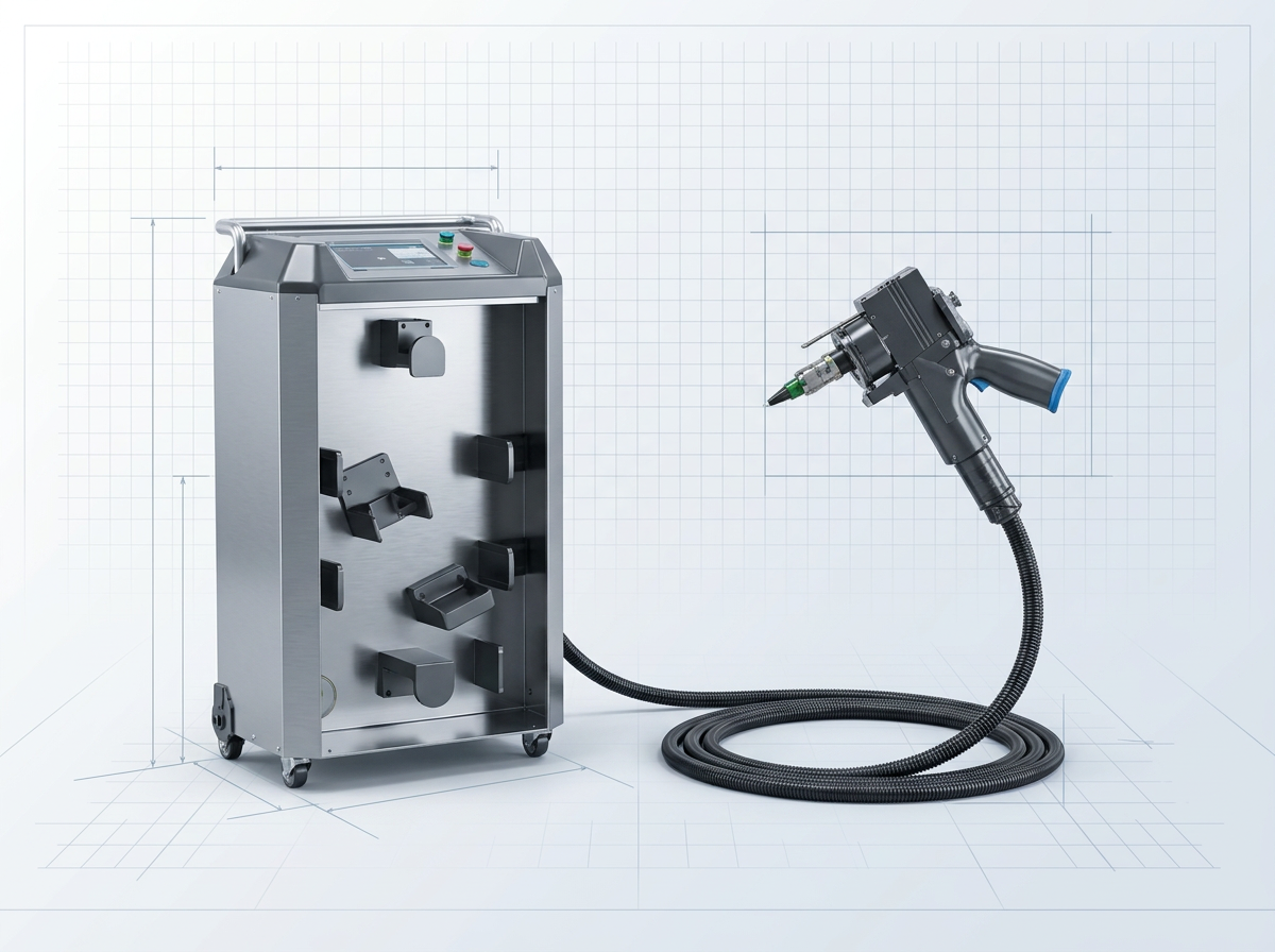 ELASER wheeled system unit on left with handheld laser scanner on right, connected by fiber delivery cable on ground plane, illustrating portable 300W pulsed laser cleaning machine form factor and scale.